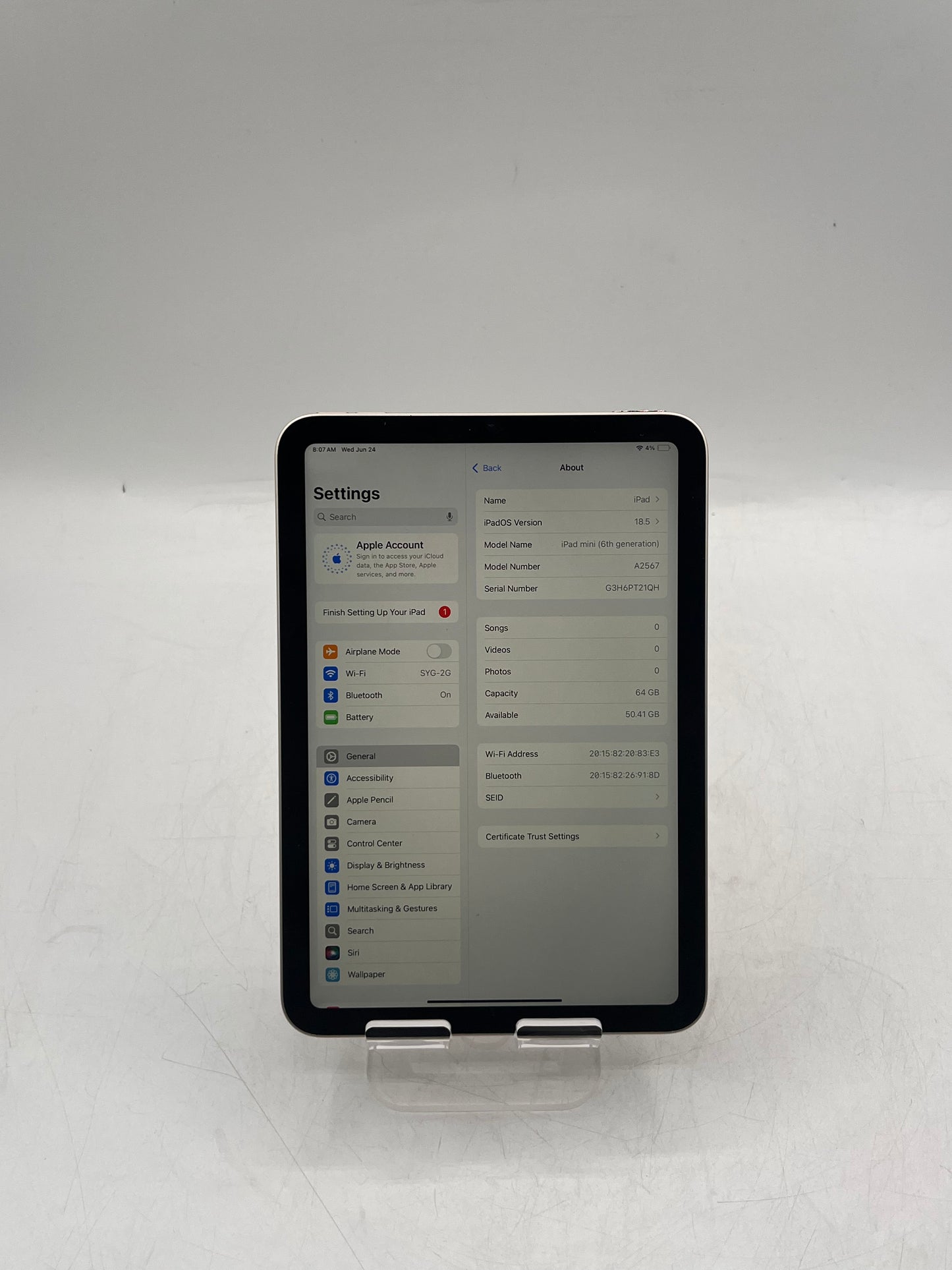 2021  Apple iPad Mini (6th Gen) A2567 MK7P3LL/A 64GB Wi-Fi Only Tablet - Silver