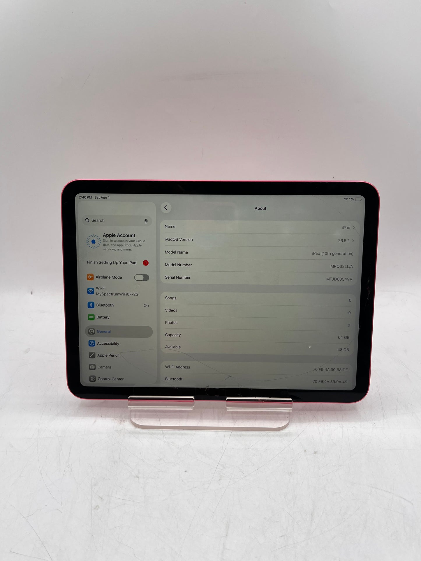 Apple iPad (10th Gen) A2696 64GB Wi‑Fi Only Tablet - Pink