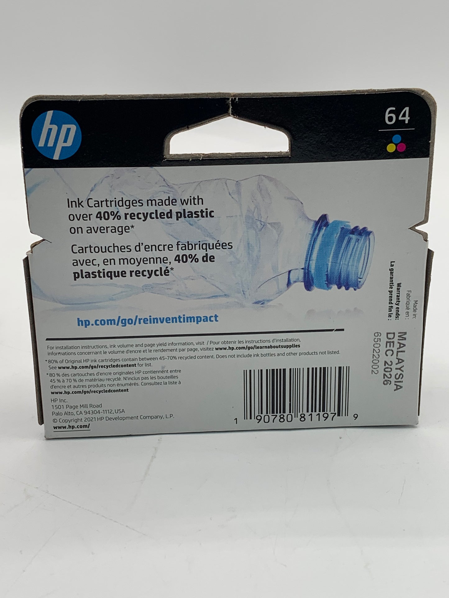 HP 64 Tri-Color Printer Ink Cartridge Multi-Colored New In Box