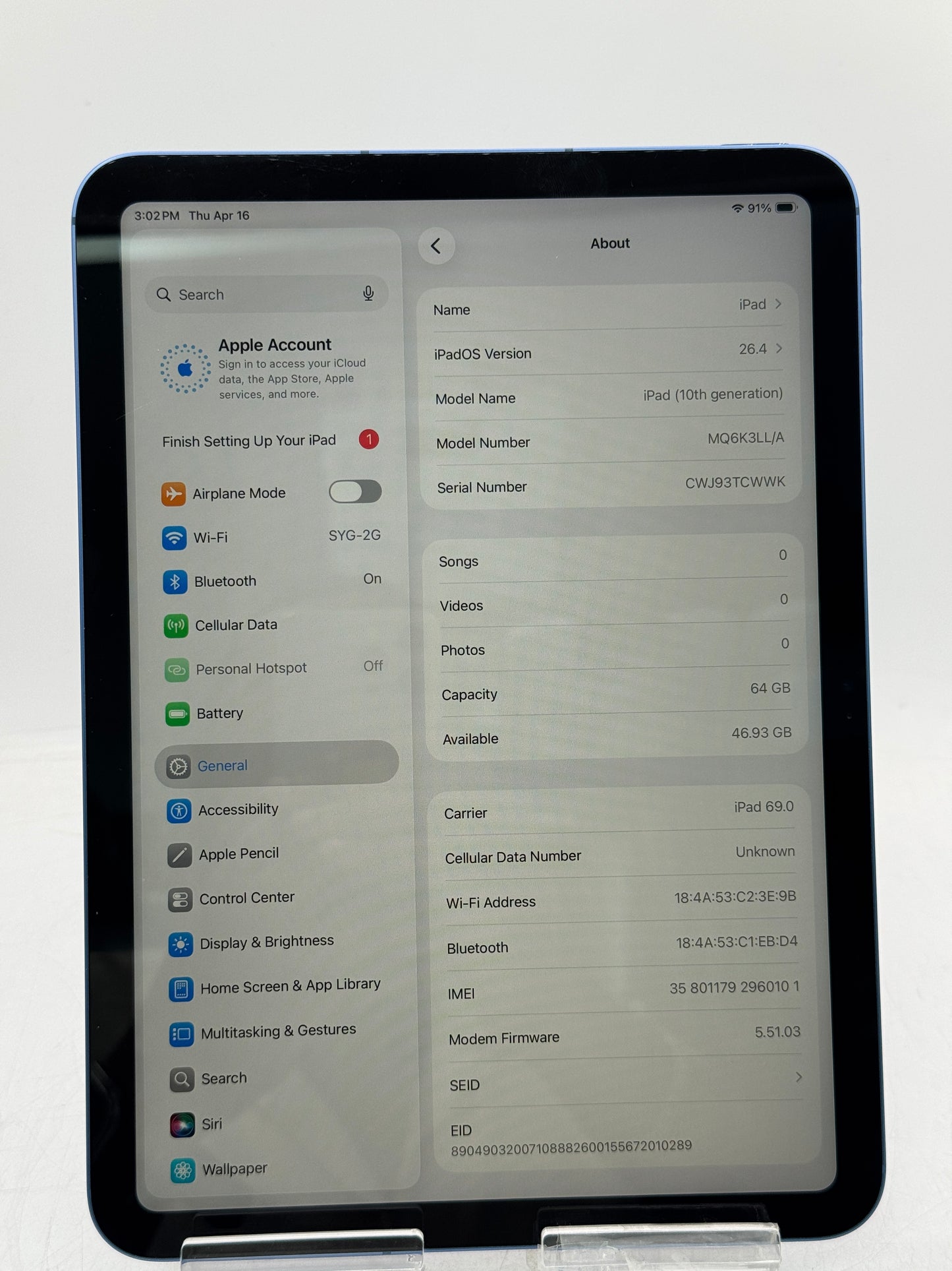 Unlocked Apple iPad (10th Gen) 64GB Blue A2757 MQ6K3LL/A Free Shipping