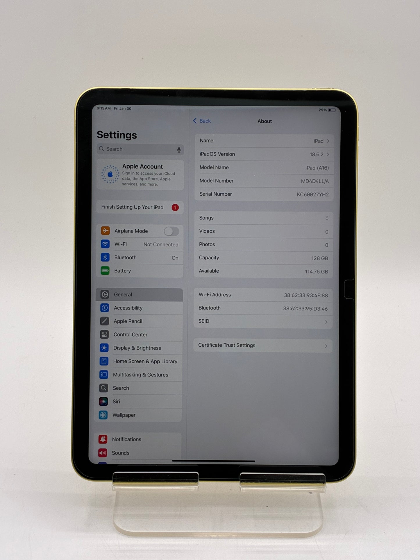 2025 Apple iPad 11th Gen 128GB A3354 Yellow Wi-Fi Only 100% Batt Excellent Condition