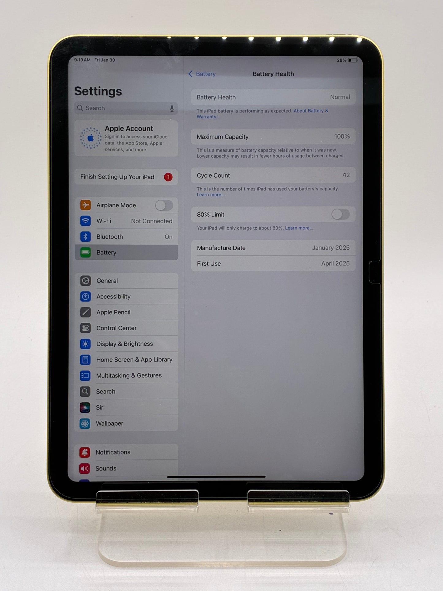 2025 Apple iPad 11th Gen 128GB A3354 Yellow Wi-Fi Only 100% Batt Excellent Condition