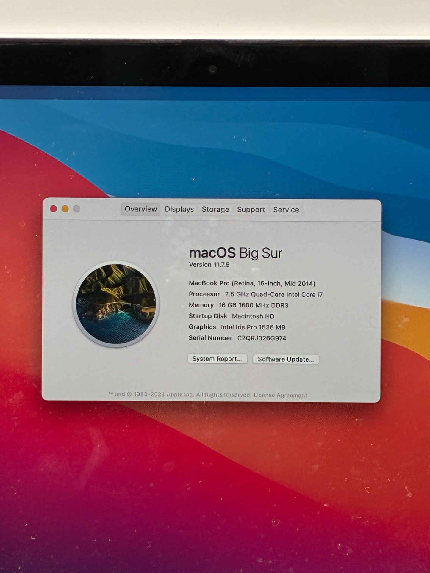 2014 Apple MacBook Pro 15" i7 2 GHz 8GB RAM 256GB SSD A1398