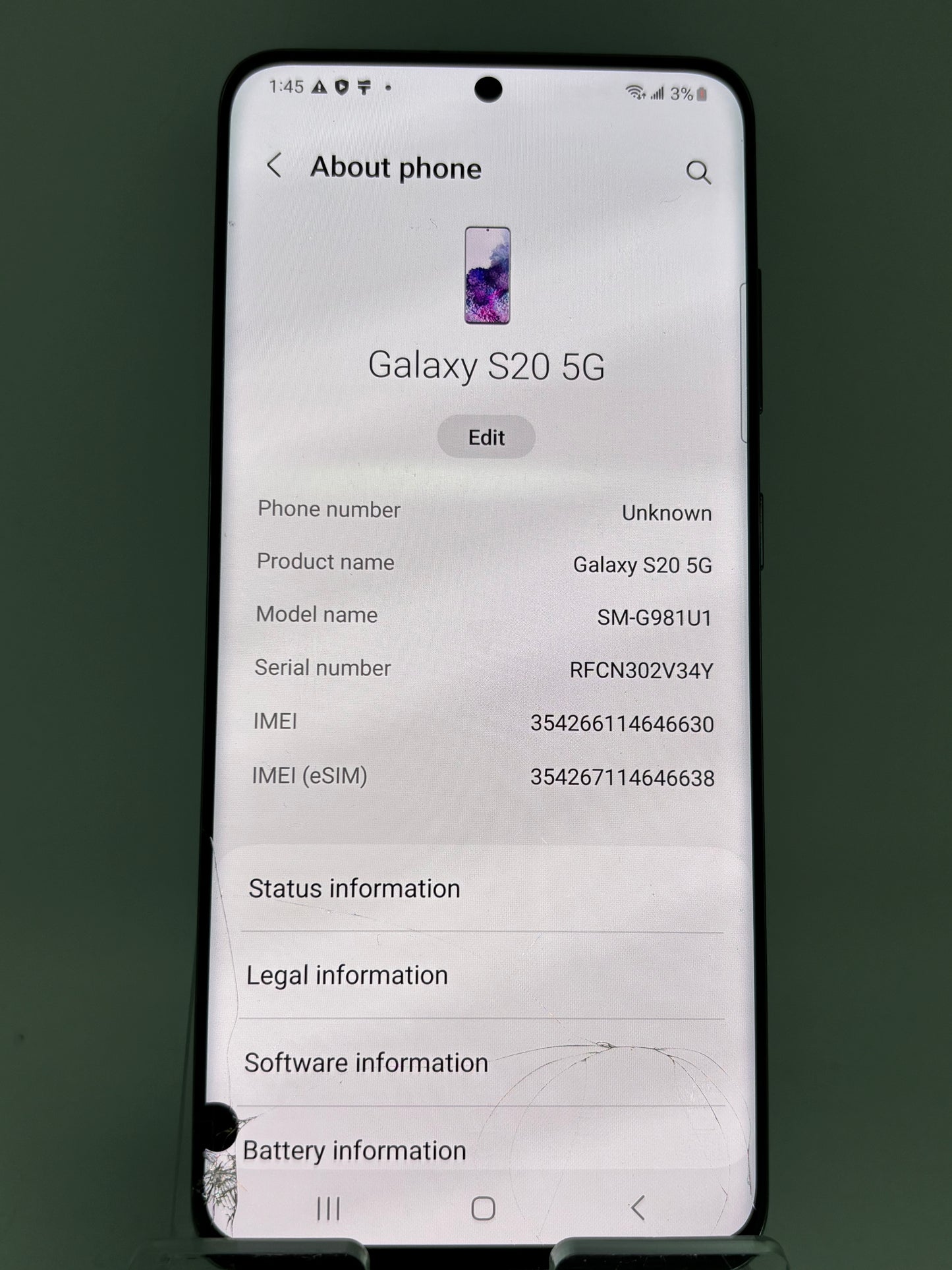 AT&T ONLY Samsung Galaxy S20 5G SM-G981U 128GB, White; Broken TouchScreen (FREE SHIPPING)