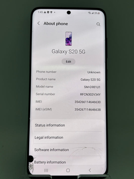 AT&T ONLY Samsung Galaxy S20 5G SM-G981U 128GB, White; Broken TouchScreen (FREE SHIPPING)