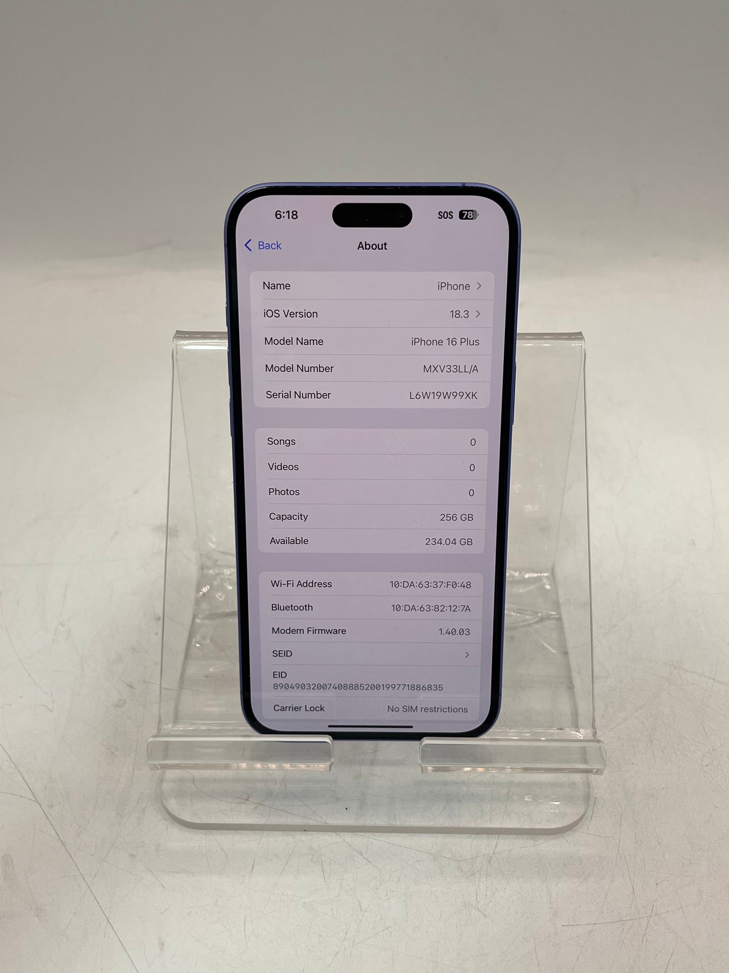 Unlocked Apple iPhone 16 Plus MXV33LL/A A3082 256GB Blue 92% BATT