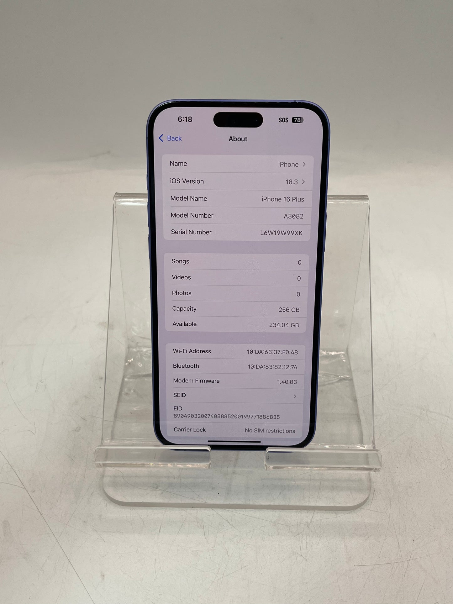 Unlocked Apple iPhone 16 Plus MXV33LL/A A3082 256GB Blue 92% BATT