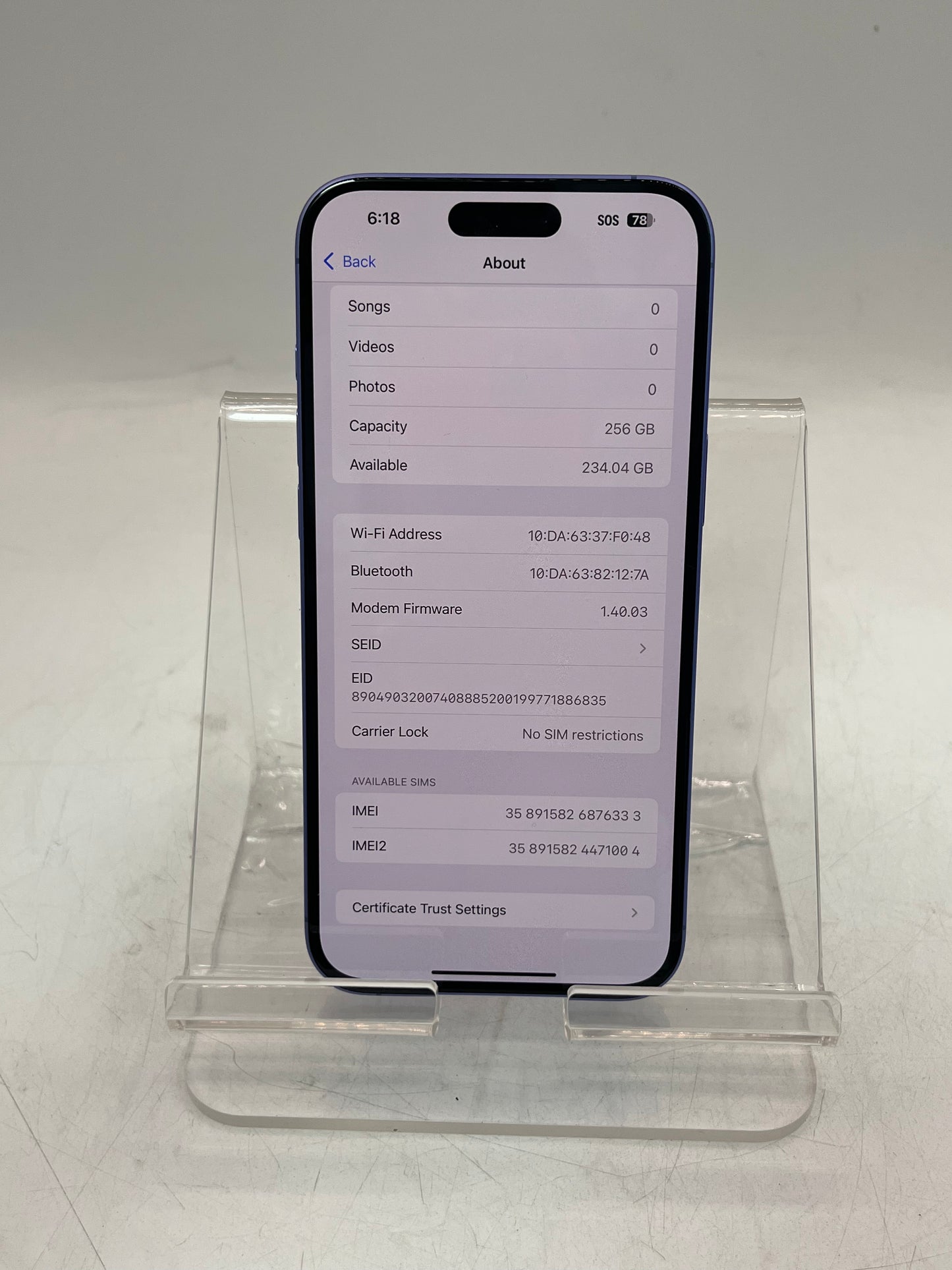 Unlocked Apple iPhone 16 Plus MXV33LL/A A3082 256GB Blue 92% BATT