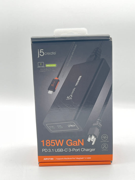 j5create 185W GaN PD3.1 USB-C 3-Port Charger (JUP37185-1A) - Black Free Shipping !
