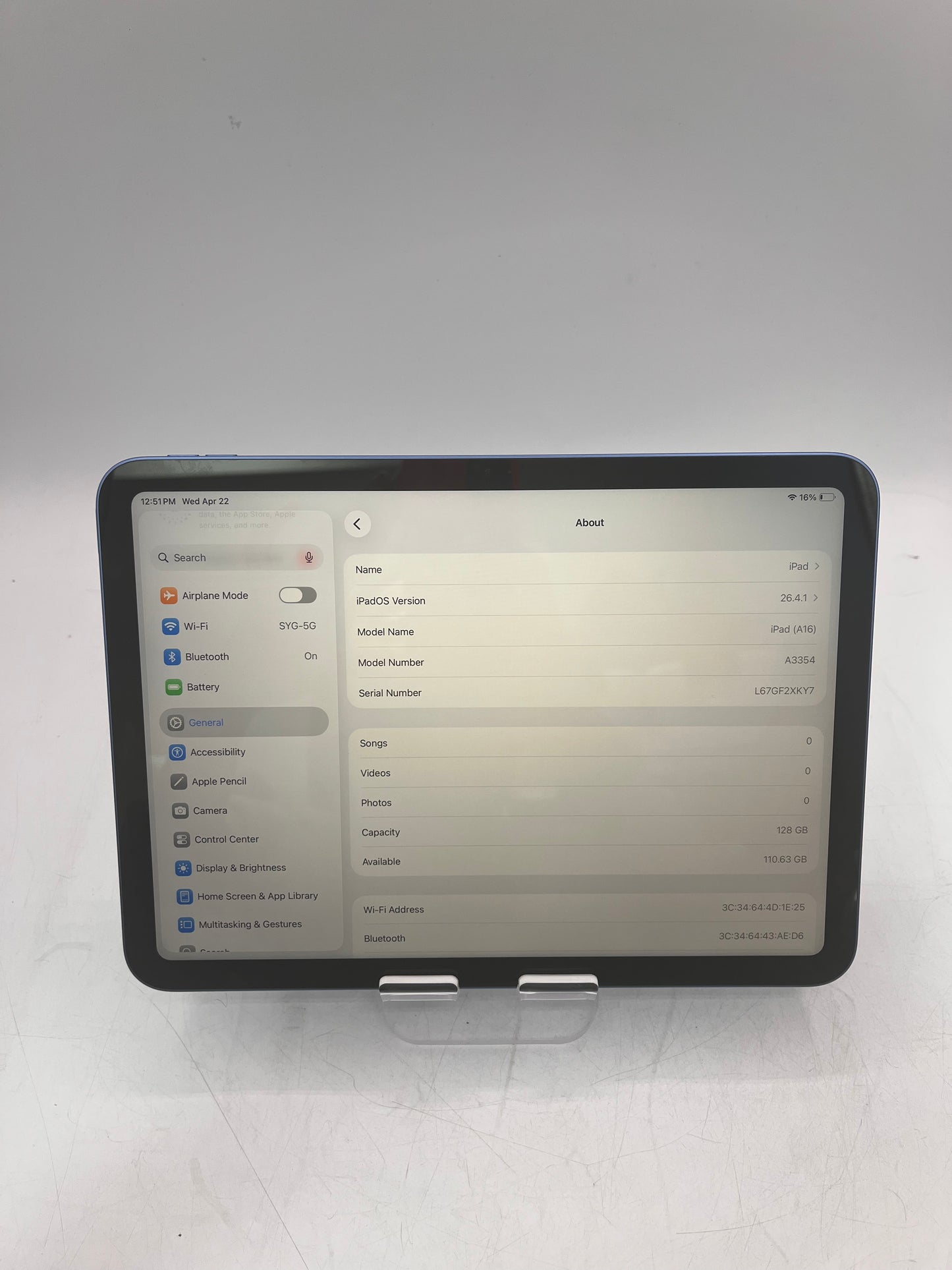 WiFi Only Apple iPad 11" (A16) 128GB 18.6 Blue A3354 MD7G4LL/A Free Shipping