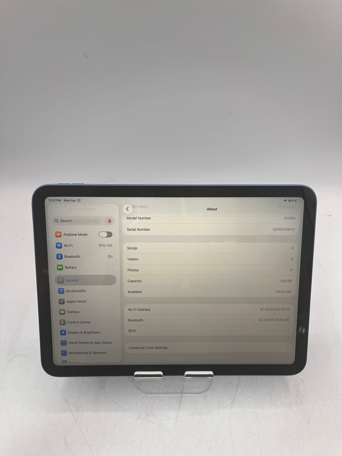 WiFi Only Apple iPad 11" (A16) 128GB 18.6 Blue A3354 MD7G4LL/A Free Shipping