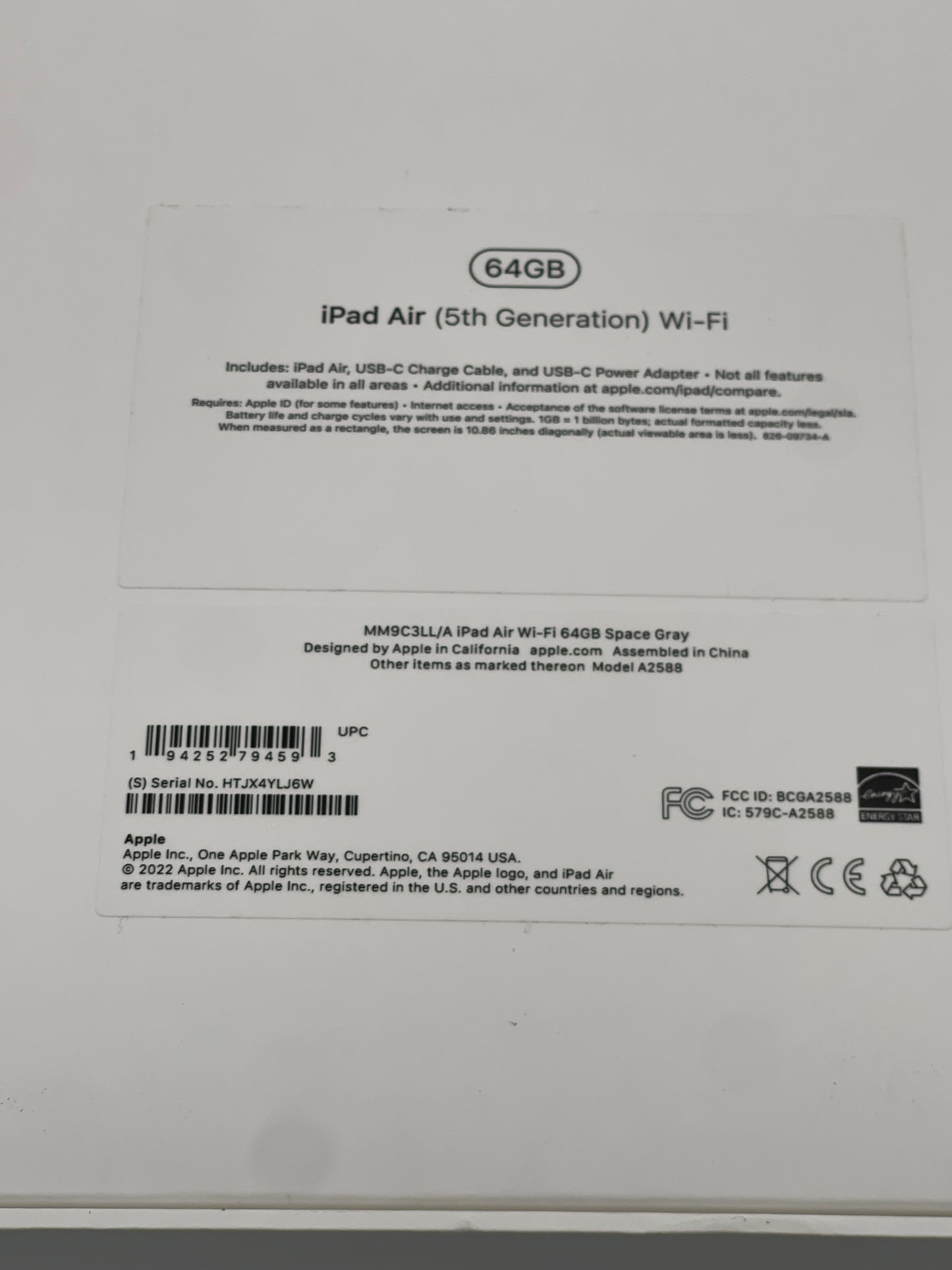 Wifi Only Apple iPad Air 5th Gen 64GB A2588 MM9V3LL/A Space Gray Excellent Condition