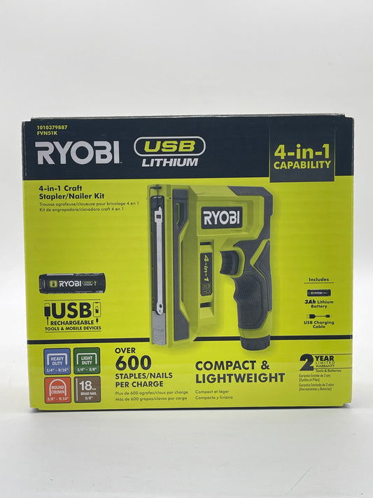 Ryobi USB Lithium Rechargeable 4-in-1 Stapler/Nailer Kit FVN51K 3ah Battery +USB Free Shipping