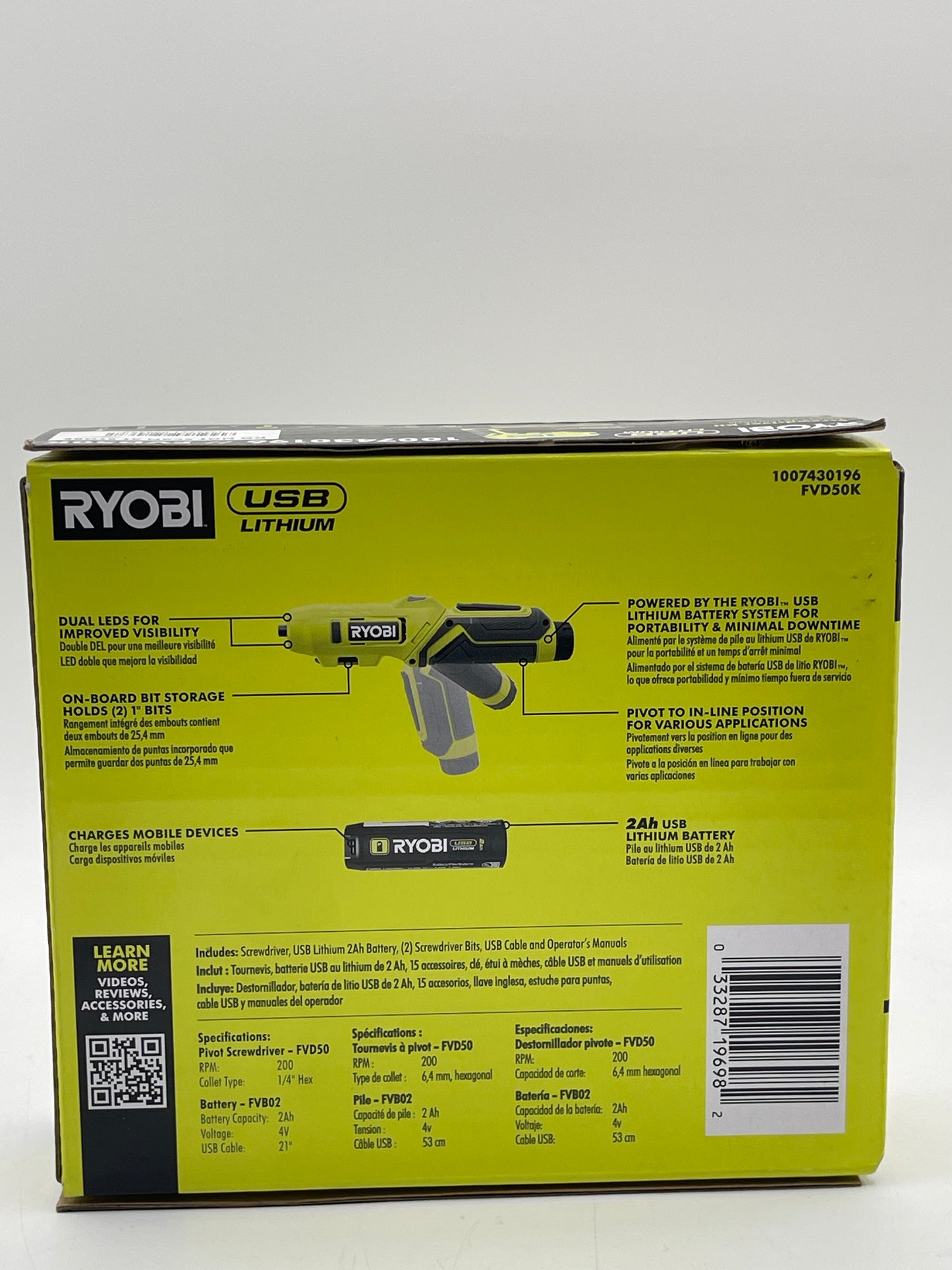 Portable USB Ryobi Lithium-Ion Dual LED Screwdriver Kit Cordless Power FVD50K Free Shipping